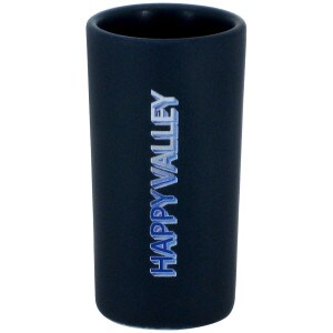 navy shot glass with Happy Valley printed up the side